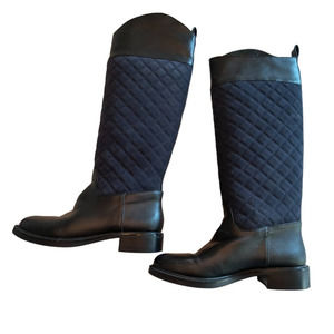 Women's Tall Riding Boots Size 7B  Black Leather/PU Upper Blue Quilted Shaft
